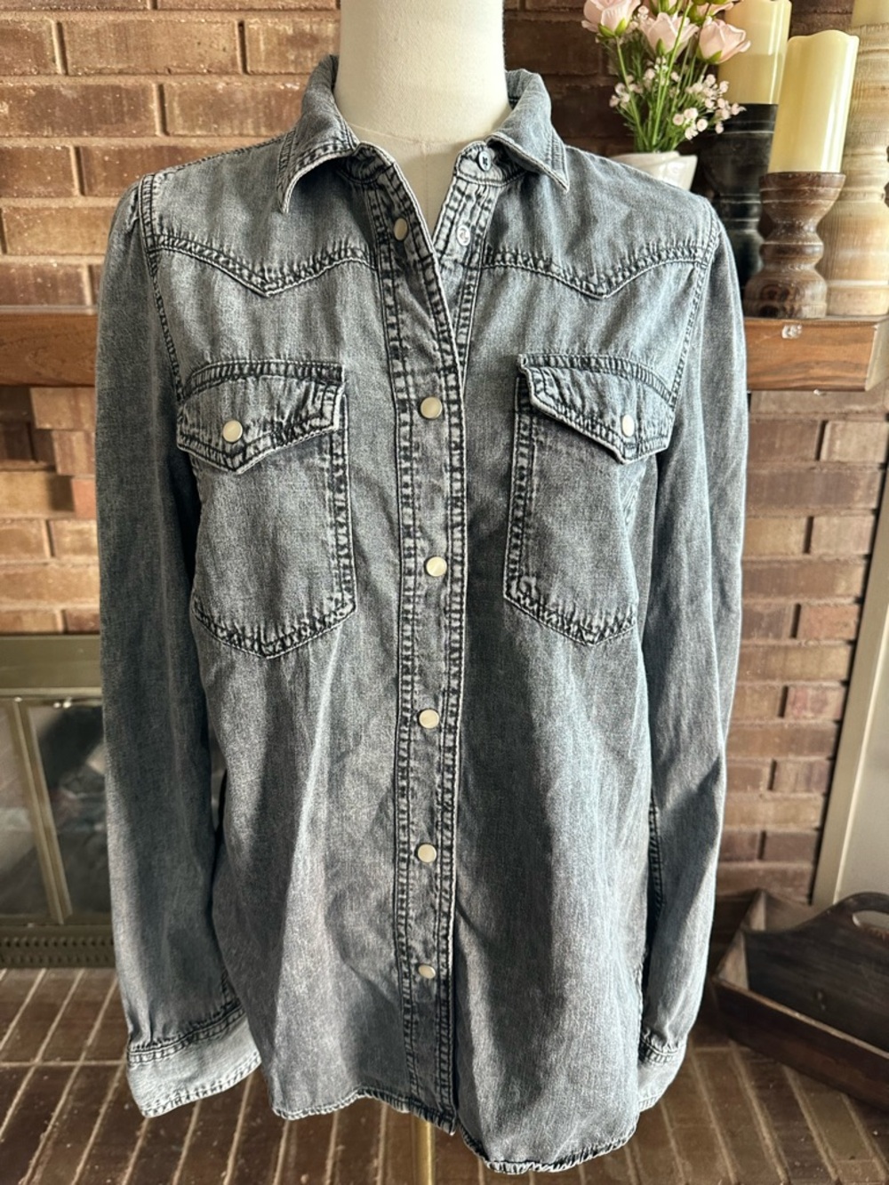Men's Washed Black Denim Western Shirt - Classic Long Sleeve